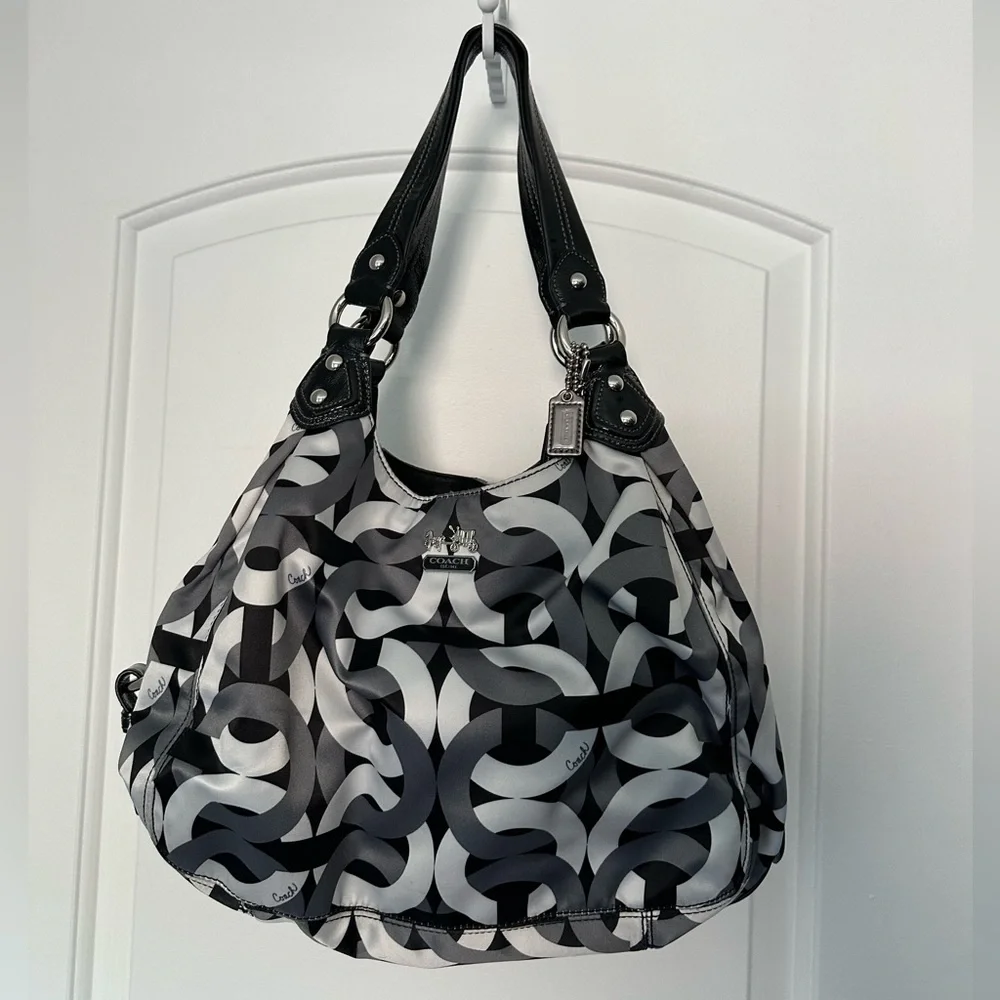 Coach Madison Op Art Sateen Maggie Shoulder Bag - Black/Gray/White - Picture 1 of 6